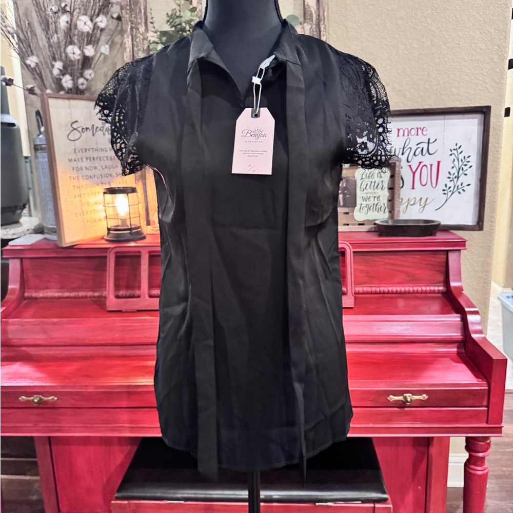 BerryLook Black Embellished Buttoned Polo Blouse